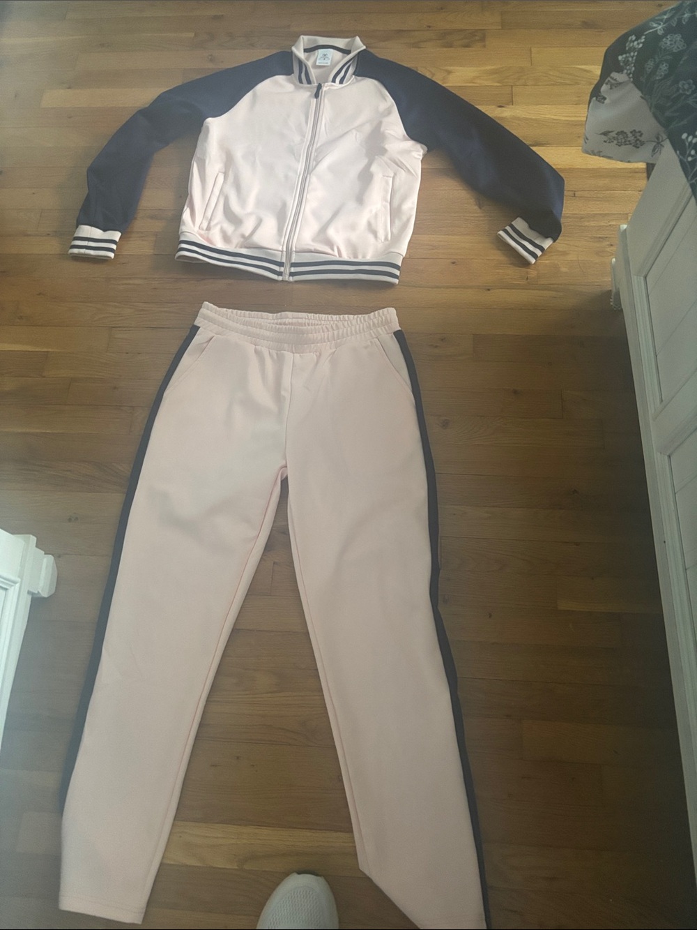 Amazon Women's Pale Pink Track Jacket and Pants with Navy Trim